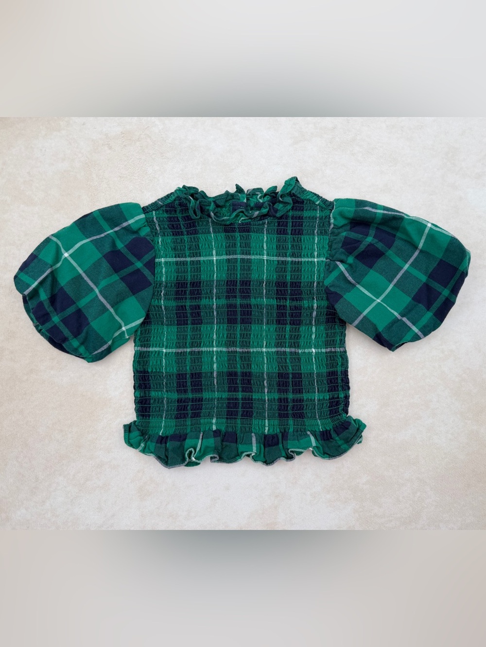 Janie and Jack Green Plaid Smocked Ruffle Blouse